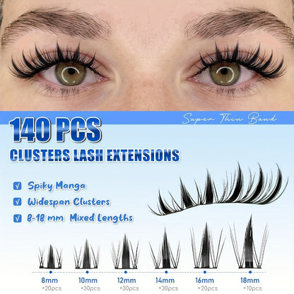 C-Curl Spike Lash Extension Kit with 140 Clusters in Mixed 8-18mm Lengths, Adhesive Tube and Curved Applicator