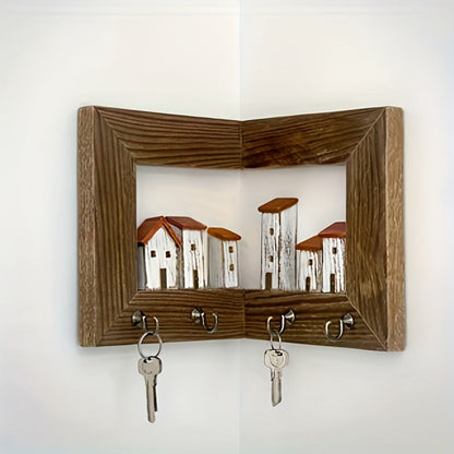 Wall Mounted Key Rack with Hooks - Rustic Wooden Key Holder with 6 House Hooks, Entryway Storage Organizer for Home Bedroom Wall Decor