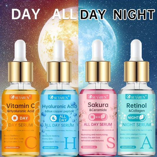 Face Serum Set 4-Piece Day & Night with Vitamin C Retinol Hyaluronic Acid Ceramide - Brightening Firming Deep Hydration Anti-Aging Niacinamide Collagen Serum Kit for Women