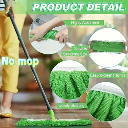 Fifteen-Piece Green Microfiber Mop Pad Set with Reusable Stretch-Cover Design for Flat Mop Heads
