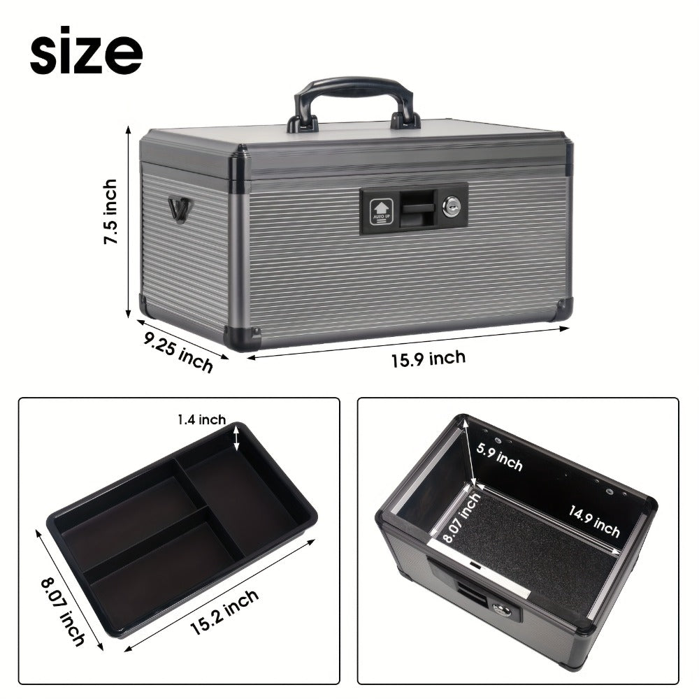 Aluminum Alloy Lockable Medicine Box – Double Layer Large Capacity Storage Box with Key Lock, Handle & Tray for Medicines, Documents & Valuables, 10"/12"/14"/16" Home Security Box