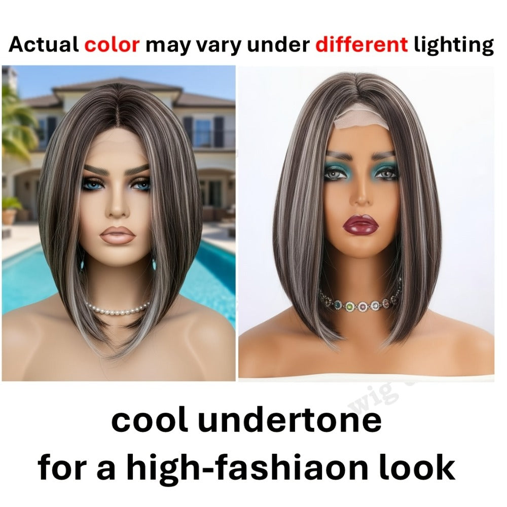 U Part Lace Front Bob Wig 4x1 Glueless Rose Net Cap Middle Part Natural Hairline Synthetic Wig for Women 14 Inch Brown Highlights Milky White Black Pink
