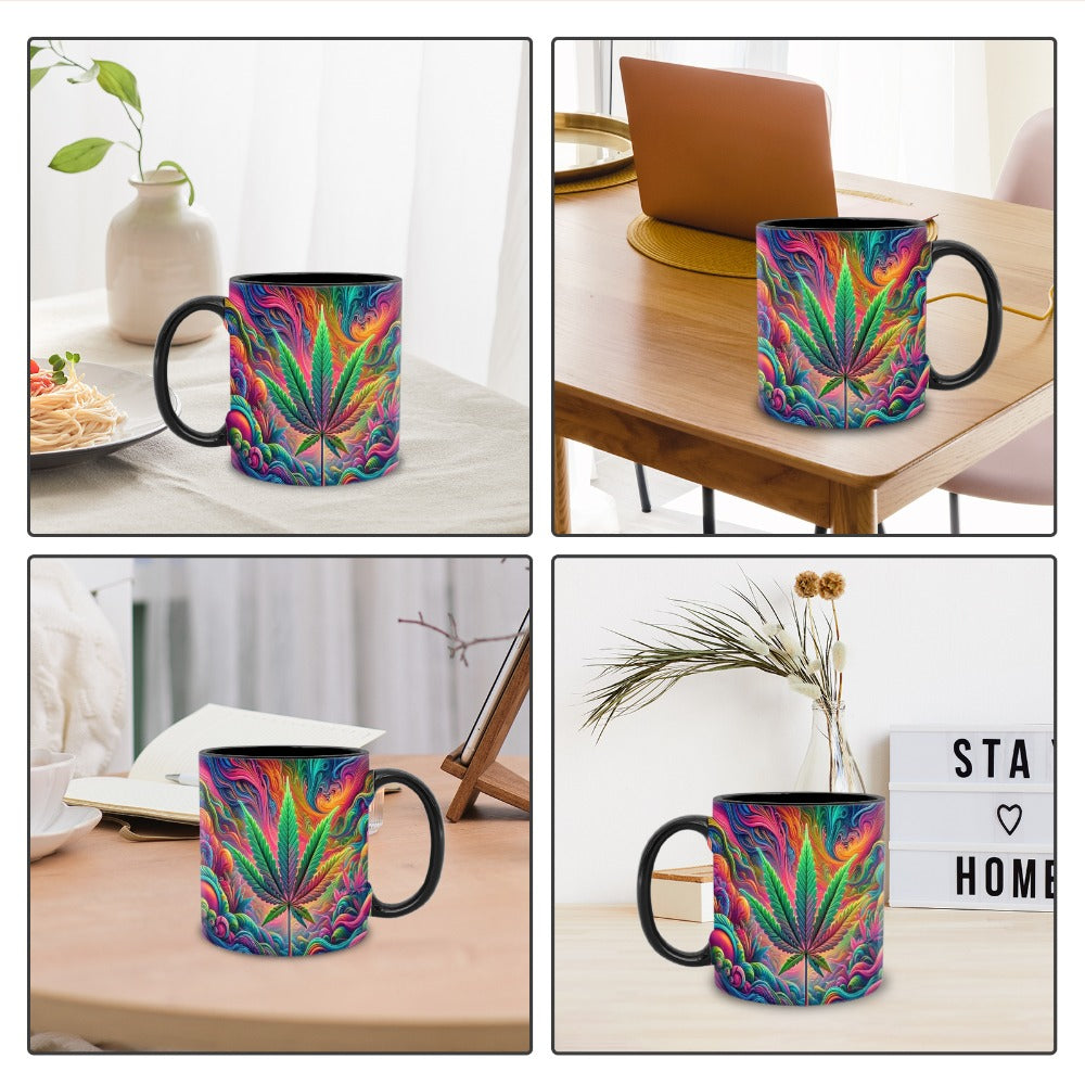 11oz Ceramic Coffee Mug with Psychedelic Leaf Print, Black Interior and Coordinating Black Handle