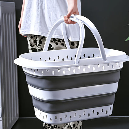 16-Gallon Collapsible Plastic Laundry Basket in Gray and White with Folding Walls and Carry Handles