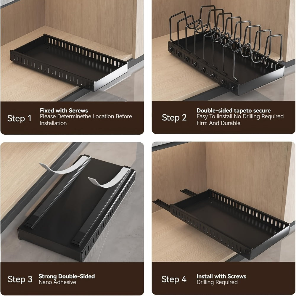Two-Piece Pull-Out Cabinet Organizer for Pot Lids and Cookware with Removable Dividers in Black or White
