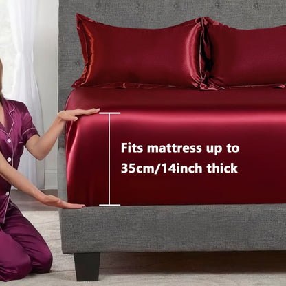 Satin-Style Fitted Sheet Set with Pillowcases in Eight Colors and Twin, Full, Queen or King Sizes