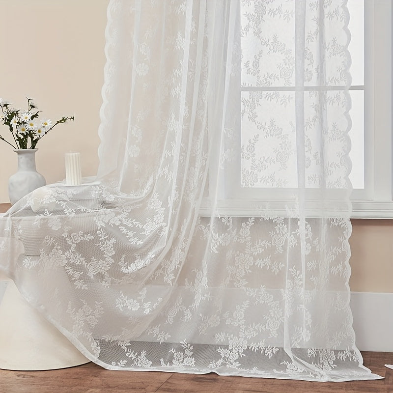 Two-Panel Floral Lace Window Curtain Set with Rod-Pocket Top, Three Colors and Six Metric Size Options
