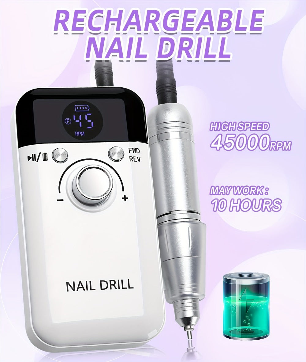 45000RPM Electric Nail Drill Machine Rechargeable Cordless with LCD Display Professional Nail File Drill for Acrylic Gel Nails Cuticle Removal Manicure Pedicure Polisher Home Salon Women Pink White