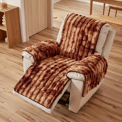 Faux Rabbit Fur Recliner Cover Thick Warm Glam Style Non-Slip Pet Friendly Machine Washable Plush Armchair Slipcover for Living Room Office - Coffee Gray White