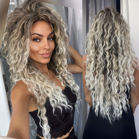 Synthetic Wig 30-Inch Long Curly Waves with Dark Roots, Middle Part and Three Ombre Colors