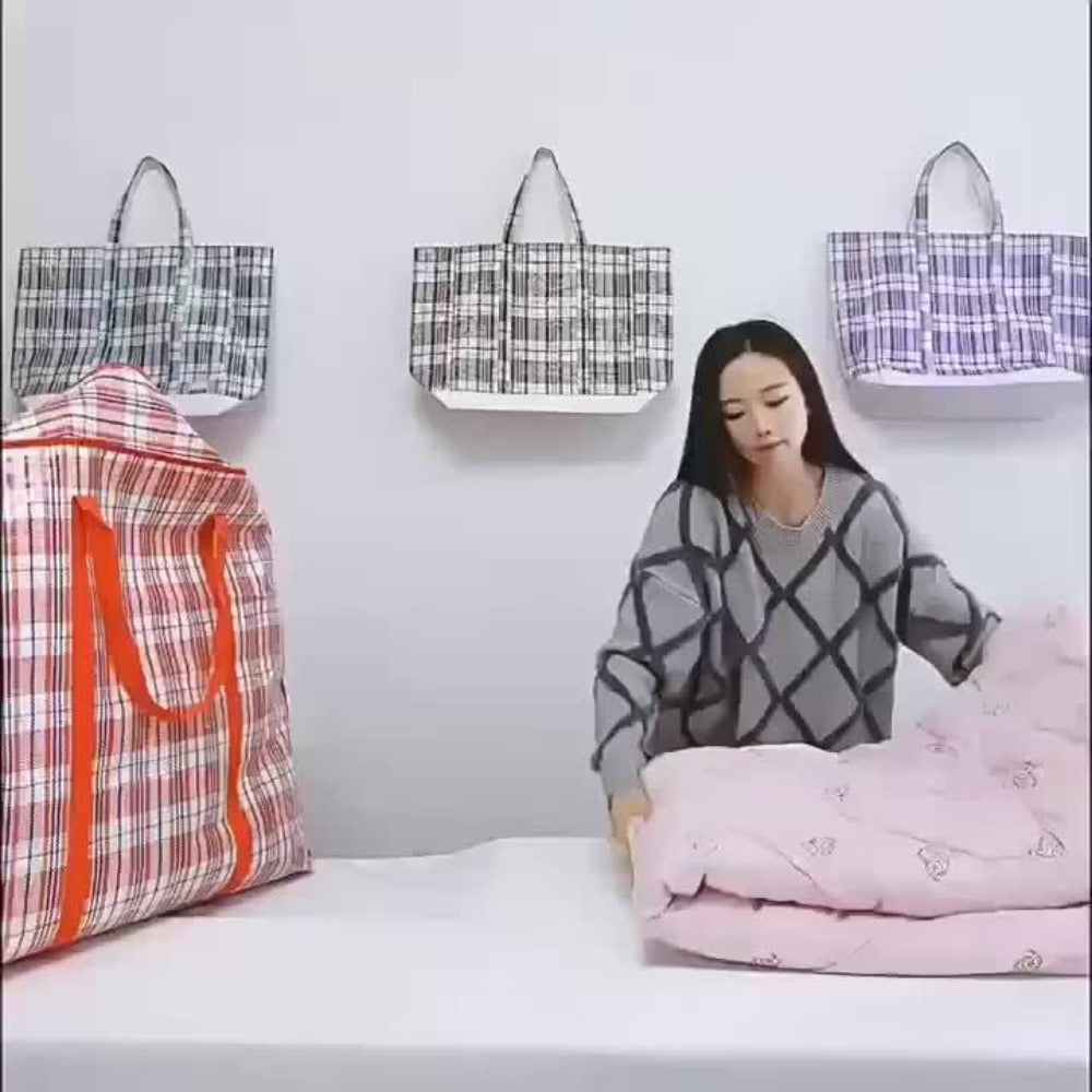 Storage Bag Set, 3-Piece Checkered Fabric Moving Organizers with Zipper Closures, Carry Handles and Foldable Design