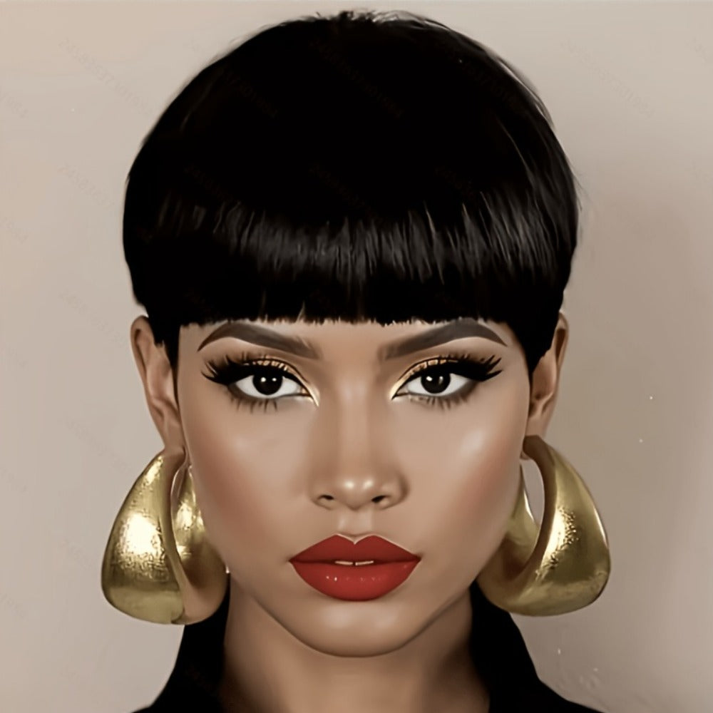 6-Inch Pixie Cut Human Hair Wig with Full Bangs, 180% Density and Black or Burgundy Color Selections