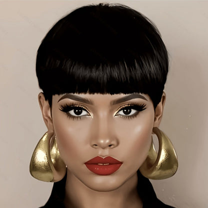 6-Inch Pixie Cut Human Hair Wig with Full Bangs, 180% Density and Black or Burgundy Color Selections
