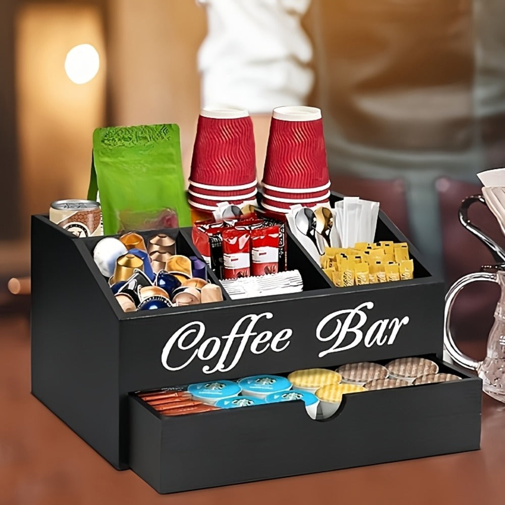 Coffee Bar Station Kitchen Organizer Wood Countertop Rack with Five Compartments and One Drawer