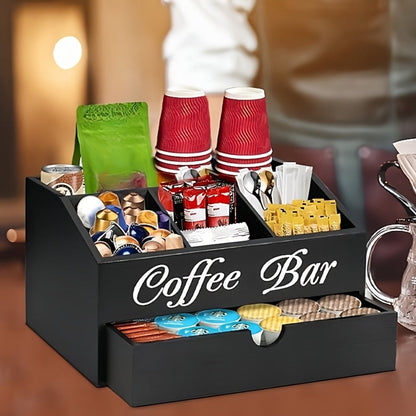 Coffee Bar Station Kitchen Organizer Wood Countertop Rack with Five Compartments and One Drawer
