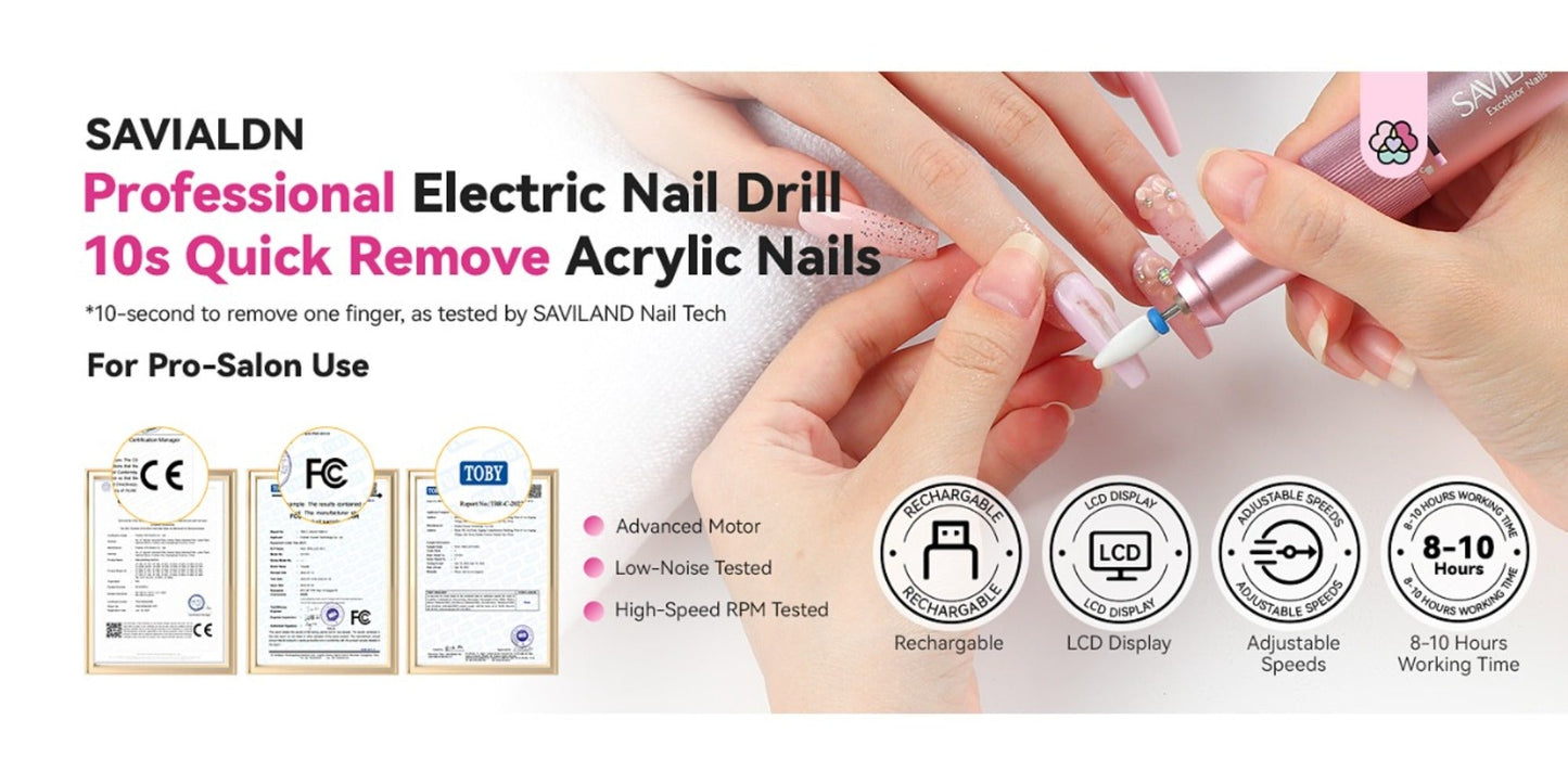 40,000 RPM Rechargeable Nail Drill in Bright Pink with 4000 mAh Battery, LCD Display and Tool Set