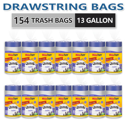 Drawstring Trash Bags with Odor Eliminator Technology – Lemon Mint Scent, Puncture & Tear Resistant, 30 Gal (90 Bags) or 13 Gal (154 Bags) Kitchen Garbage Bags