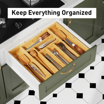 Bamboo Expandable Drawer Organizer Adjustable Cutlery Tray with 6-8 Compartments Wooden Drawer Divider for Kitchen Silverware Utensils Bedroom Office Living Room