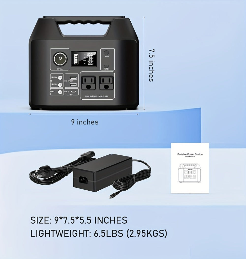 Portable Power Station 256Wh 300W Compact Unit with AC, DC, USB Outputs and Multi-Mode LED Light
