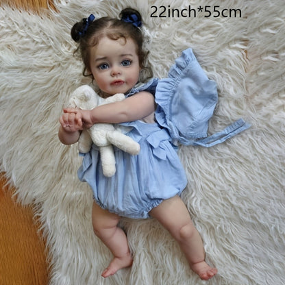 Reborn Baby Doll 48cm Soft Vinyl Toddler Design with Curly Dark Hair, Open Eyes and Blue Outfit