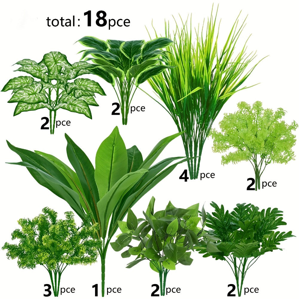 Artificial Boxwood and Greenery Stems, 18-Piece Mixed Set in 11.8 to 17.7-Inch Heights without Planter