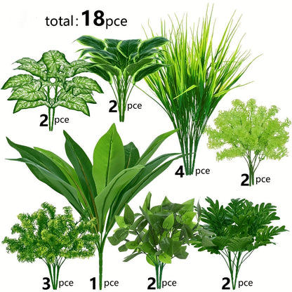 Artificial Boxwood and Greenery Stems, 18-Piece Mixed Set in 11.8 to 17.7-Inch Heights without Planter