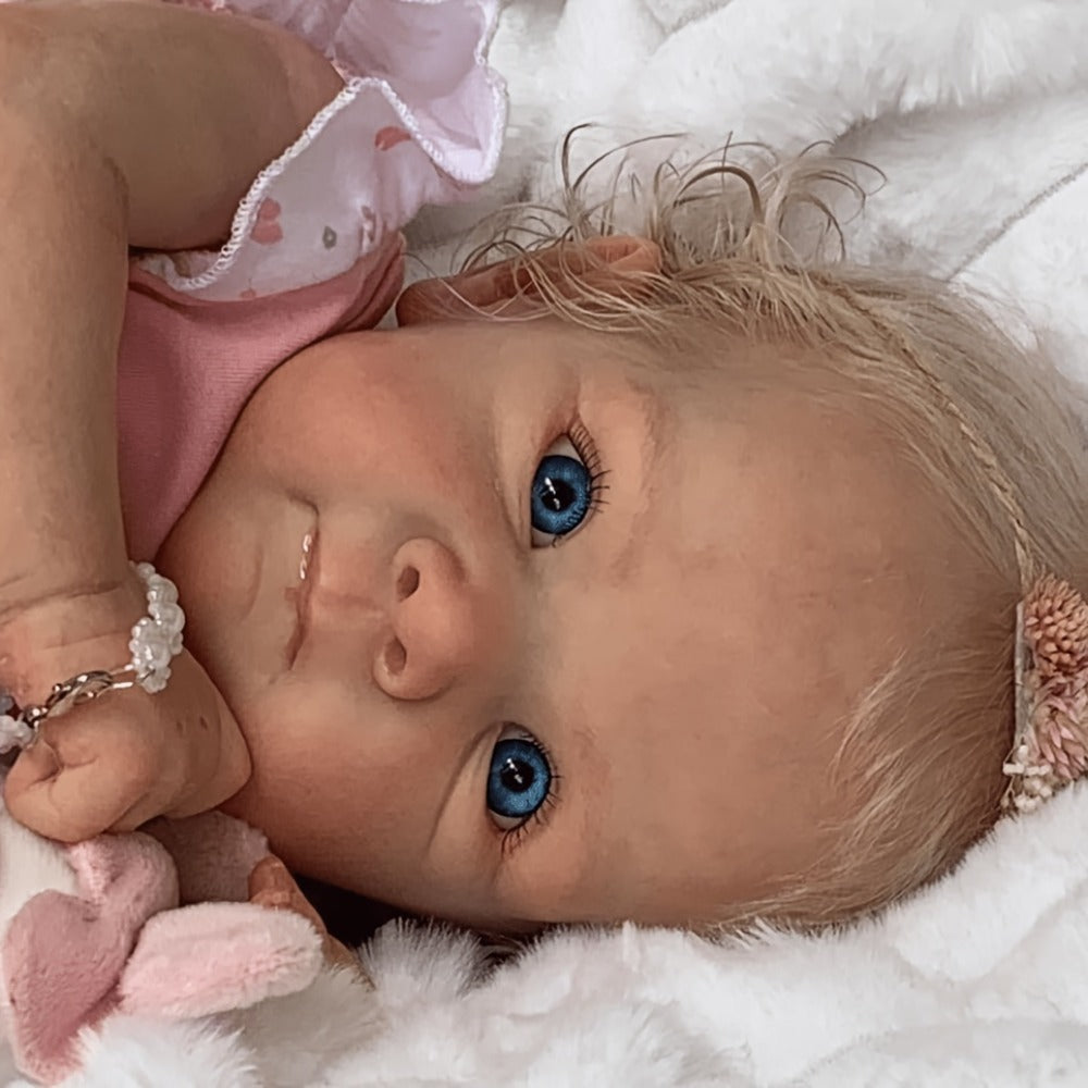 Reborn Baby Doll 16-Inch Cloth Body with Rooted Blonde Hair, Open Eyes, Pink Romper and Pacifier Set