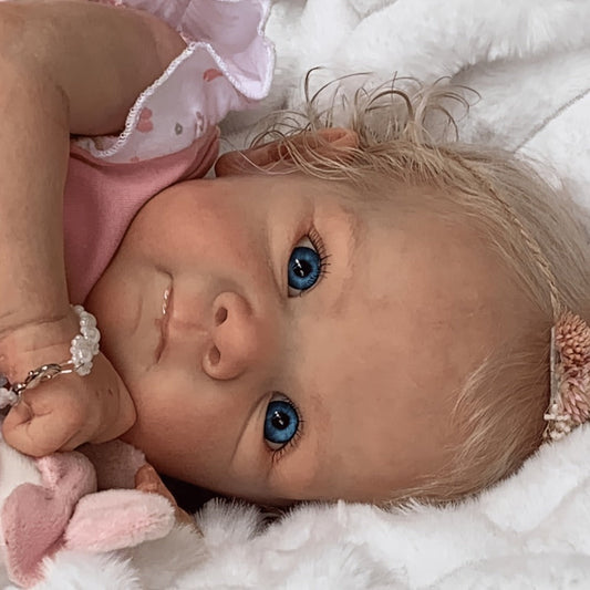 Reborn Baby Doll 16-Inch Cloth Body with Rooted Blonde Hair, Open Eyes, Pink Romper and Pacifier Set