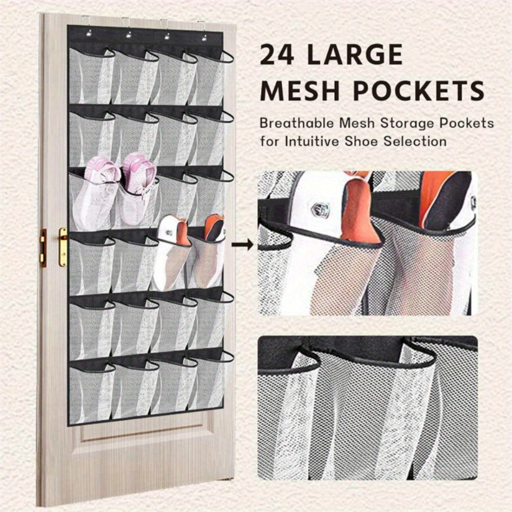 Over Door Shoe Organizer 24 Large Mesh Pockets – Foldable Breathable Hanging Storage Rack, Durable Fabric Closet Hanger for Shoes & Accessories, Space-Saving Door Organization