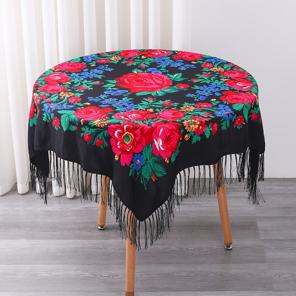 Tablecloth Square 53-Inch Floral Cover with Tassel Trim, Polyester Fabric and Six Color Options