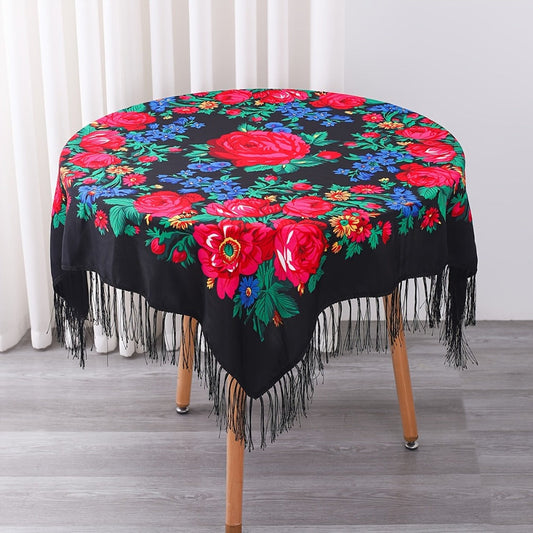Floral Square Tablecloth with Tassels - Multicolor Flowers, Machine-Washable Polyester, Kitchen & Dining Room Table Cover with Tassel Trim