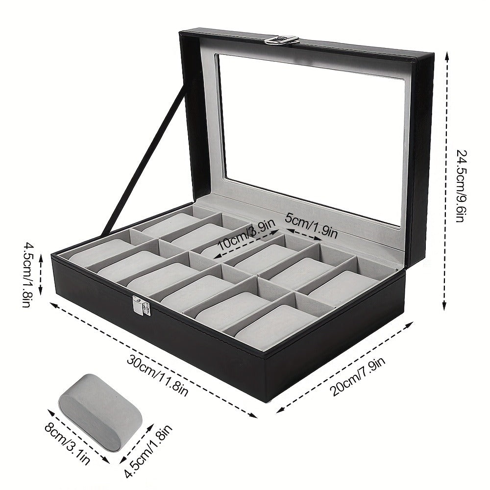 Black and Gray 12-Slot Watch Box with Glass Display Lid, Removable Pillows and Metal Clasp