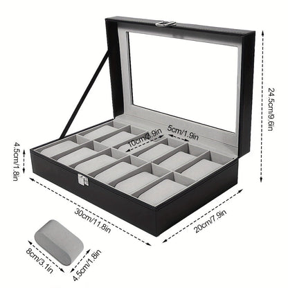 Black and Gray 12-Slot Watch Box with Glass Display Lid, Removable Pillows and Metal Clasp
