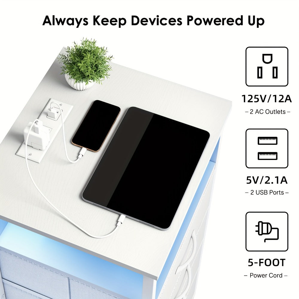 Nightstand Two Fabric Drawers with Charging Station, LED Accent Light and PU or Clear Desktop Options