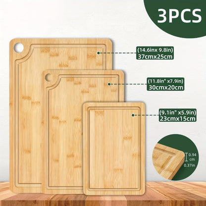 Wood Cutting Board Set of 3 Natural Wooden Chopping Boards with Juice Groove & Non-Slip Edges – Reversible Design for Meat BBQ Home Kitchen Restaurant Holiday Gift