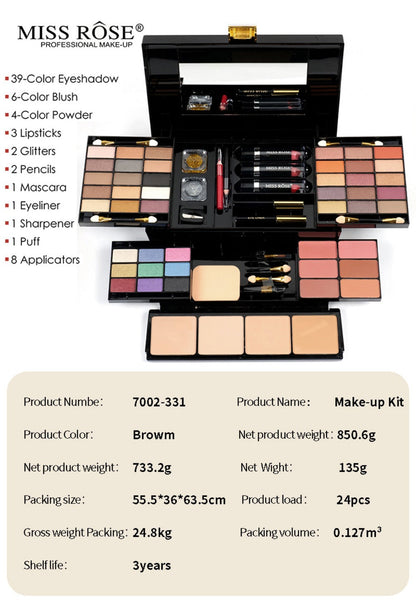 Makeup Kit 58-Color Black Mirror Case with Sliding Trays for Face, Eye and Lip Cosmetics plus Application Tools