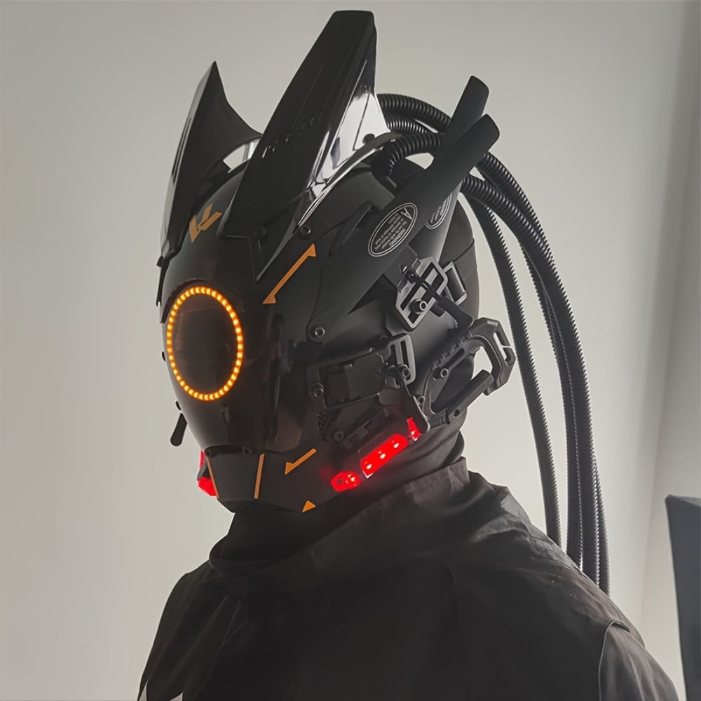LED Cyberpunk Samurai Mask with Braids – Futuristic Sci-Fi Mechanical Face Mask for Halloween, Cosplay, Music Festival & Rave Party, Blue Green Pink, Free Helmet Included, Adult Gift