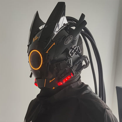 LED Cyberpunk Samurai Mask with Braids – Futuristic Sci-Fi Mechanical Face Mask for Halloween, Cosplay, Music Festival & Rave Party, Blue Green Pink, Free Helmet Included, Adult Gift