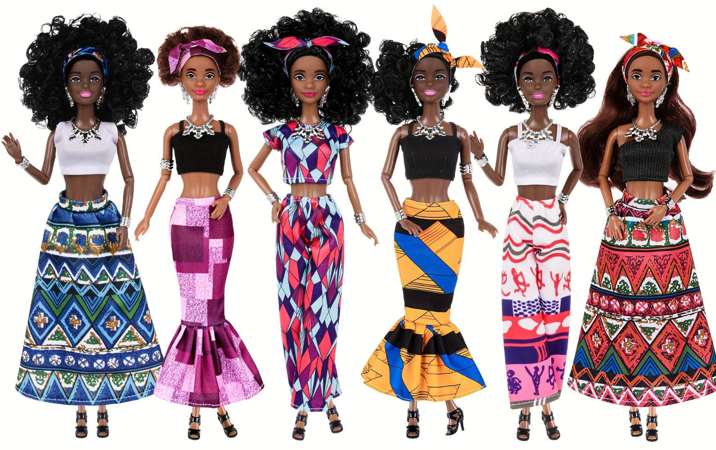 Six-Piece 11.5-Inch Fashion Doll Set with Curly-Hair Styles, Bohemian Outfits, Headbands and Jewelry