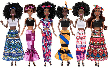 Six-Piece 11.5-Inch Fashion Doll Set with Curly-Hair Styles, Bohemian Outfits, Headbands and Jewelry