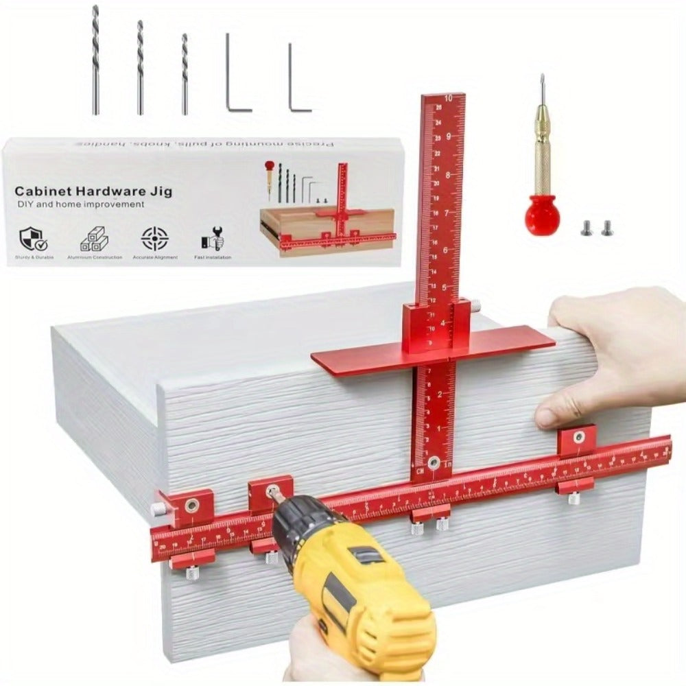 Adjustable Cabinet Hardware Drilling Jig with Aluminum Guide, Metric Scale and Handle-Pull Template Parts
