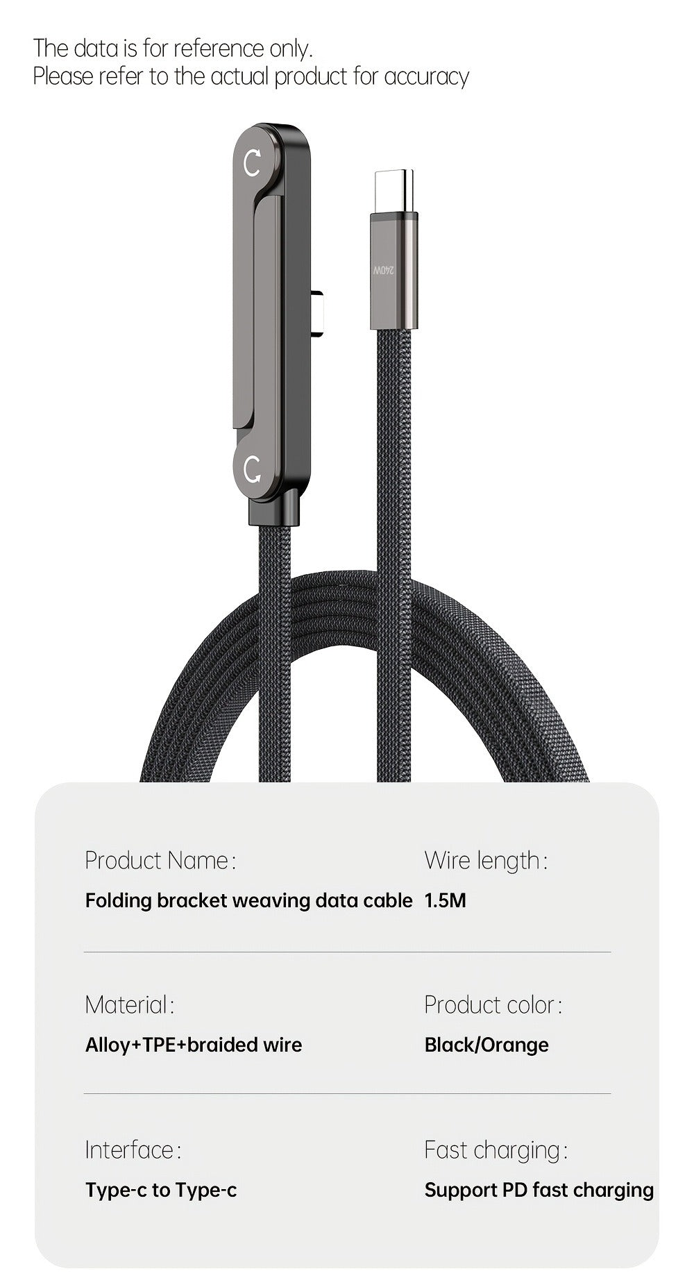 Folding-Bracket USB-C to USB-C Cable with 240W Marking, 480Mbps Graphic and 4.92 ft Length