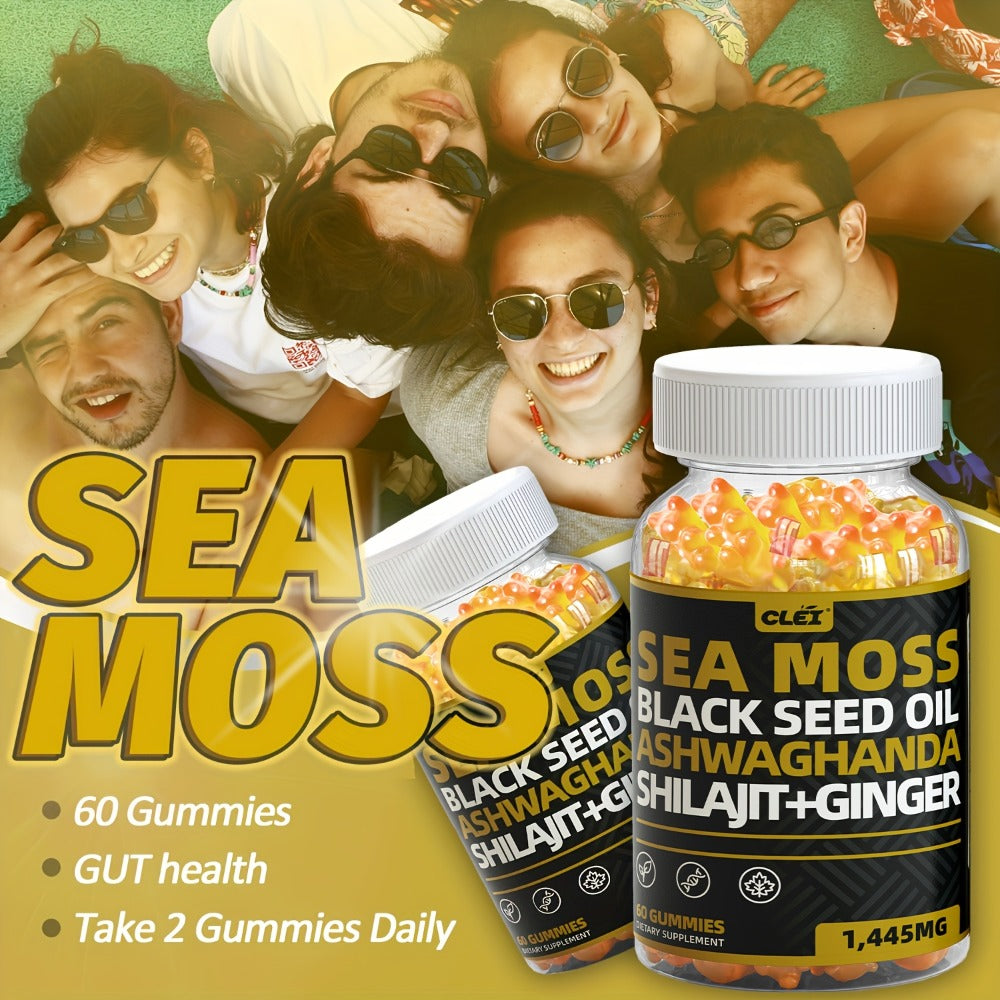Immune Support Gummies with Sea Moss 1445mg – 10-in-1 Superfood Blend with Black Seed Oil, Ashwagandha, Elderberry, Turmeric, Bladderwrack, Chlorophyll, Shilajit & Ginger – 60 Count Daily Wellness Supplement