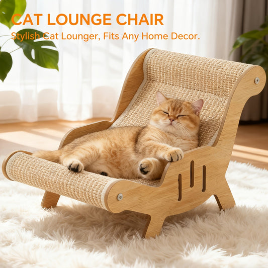 Cat Lounger Chair Elevated Sisal Rope Scratching Bed Wooden Frame Cat Hammock Beach Chair Indoor Nap Lounge Furniture for Cats Kittens Brown
