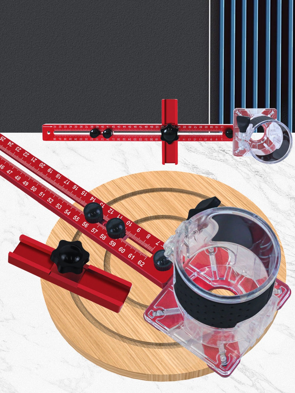 Four-in-One Aluminum Router Circle Cutting Jig in Metric with Base or Inch Configuration without Base