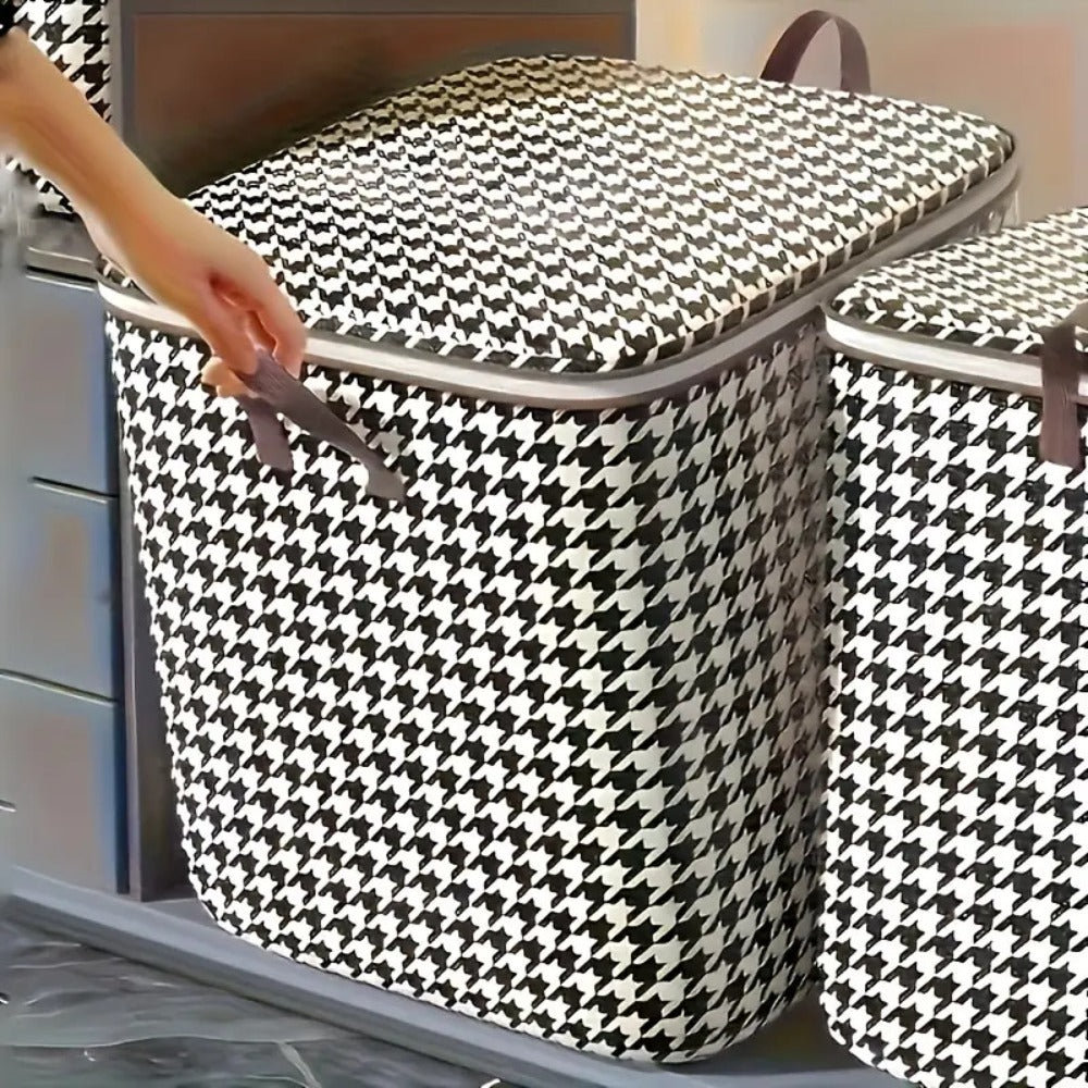4pcs Large Storage Box Set with Lid & Handle – Black White Checkered, Stackable, Thickened Lining, Double Zipper, Under-Bed & Moving Organizer
