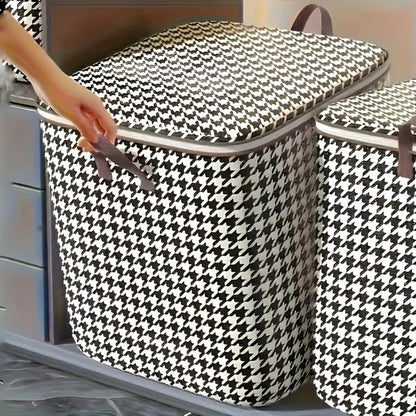 4pcs Large Storage Box Set with Lid & Handle – Black White Checkered, Stackable, Thickened Lining, Double Zipper, Under-Bed & Moving Organizer