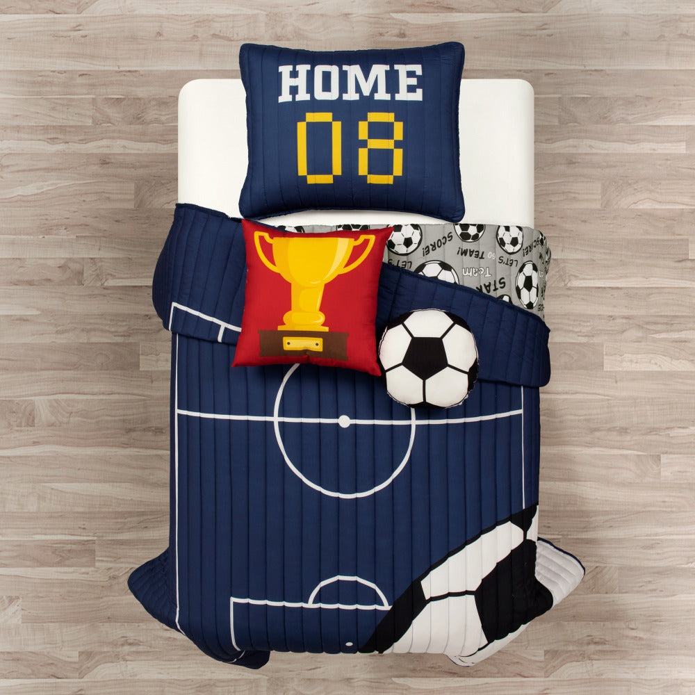 Soccer-Pattern Quilt Bedding Set in White or Navy with Twin and Full/Queen Checkout Size Options