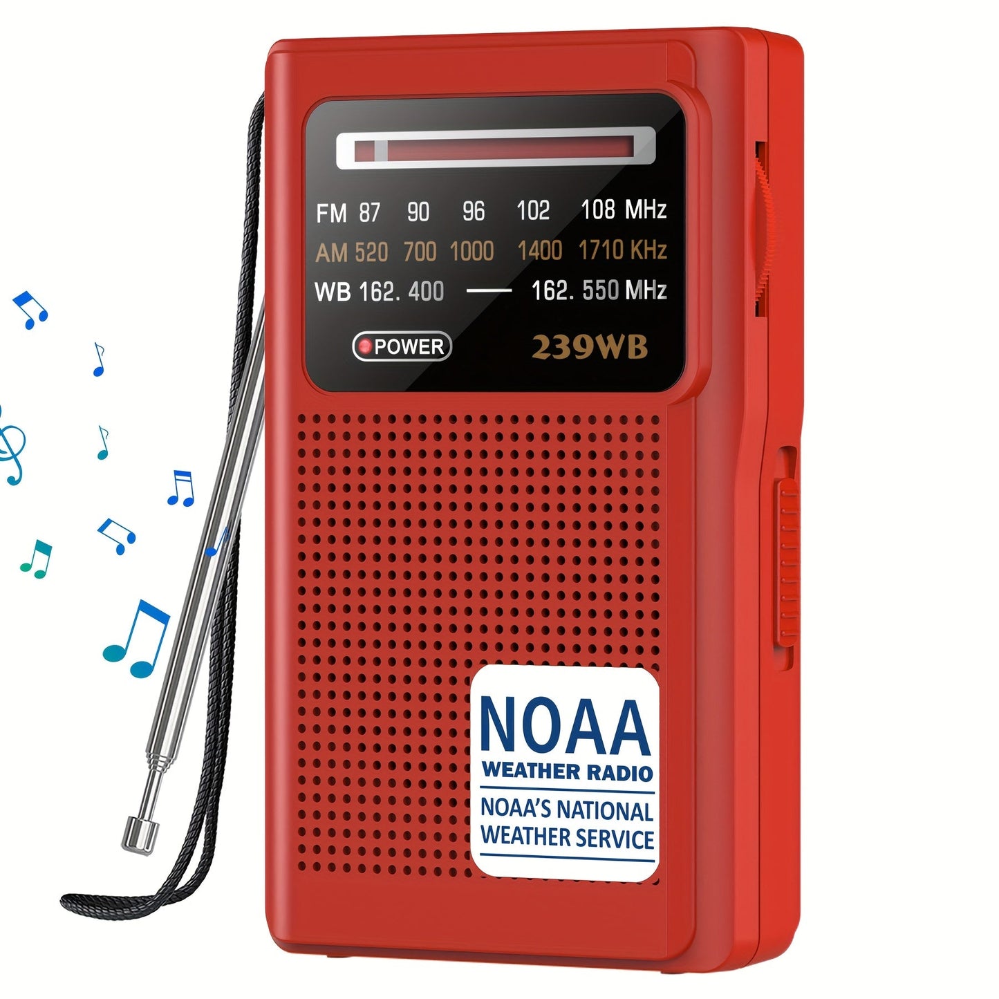 Portable AM/FM/NOAA Weather Radio with 2-AA Battery Power, Earphone Jack and Three Color Options