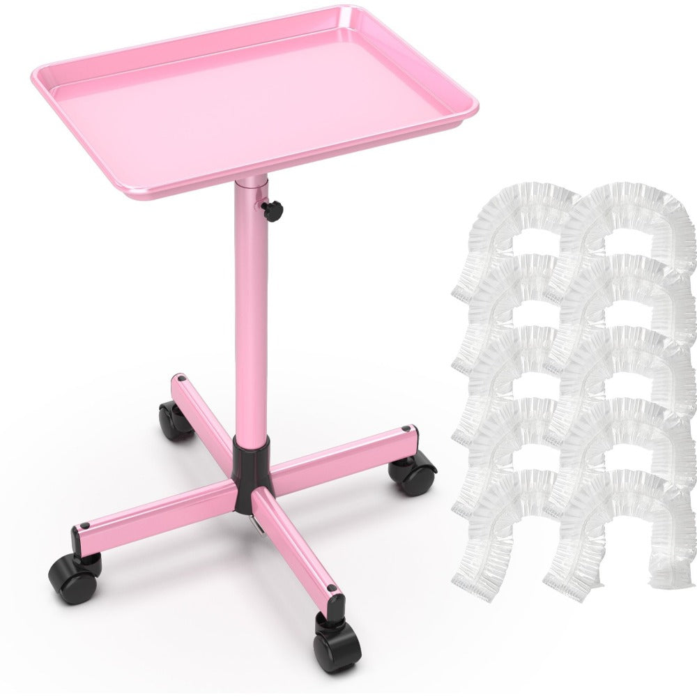 Adjustable Salon Tray Cart with 10 Disposable Covers and Gold or Pink Finish on Rolling Casters